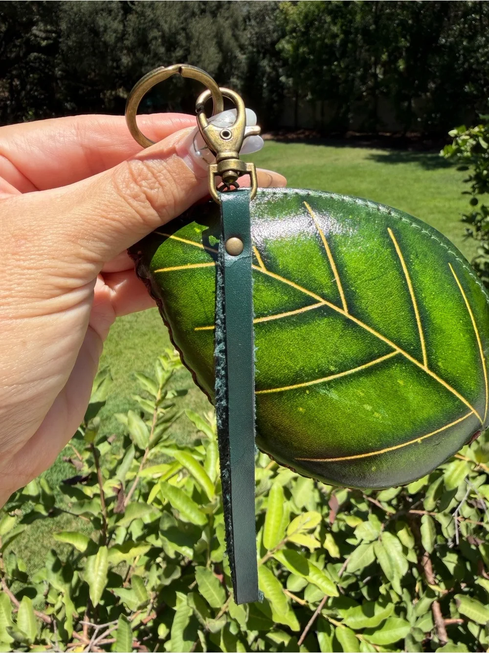 Green Leaf Leather Wristlet with Pink Rose and Orange Bee Accent